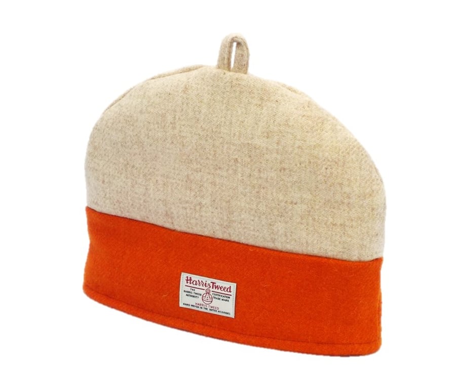 Harris Tweed tea cosy cream and orange fabric teapot cover