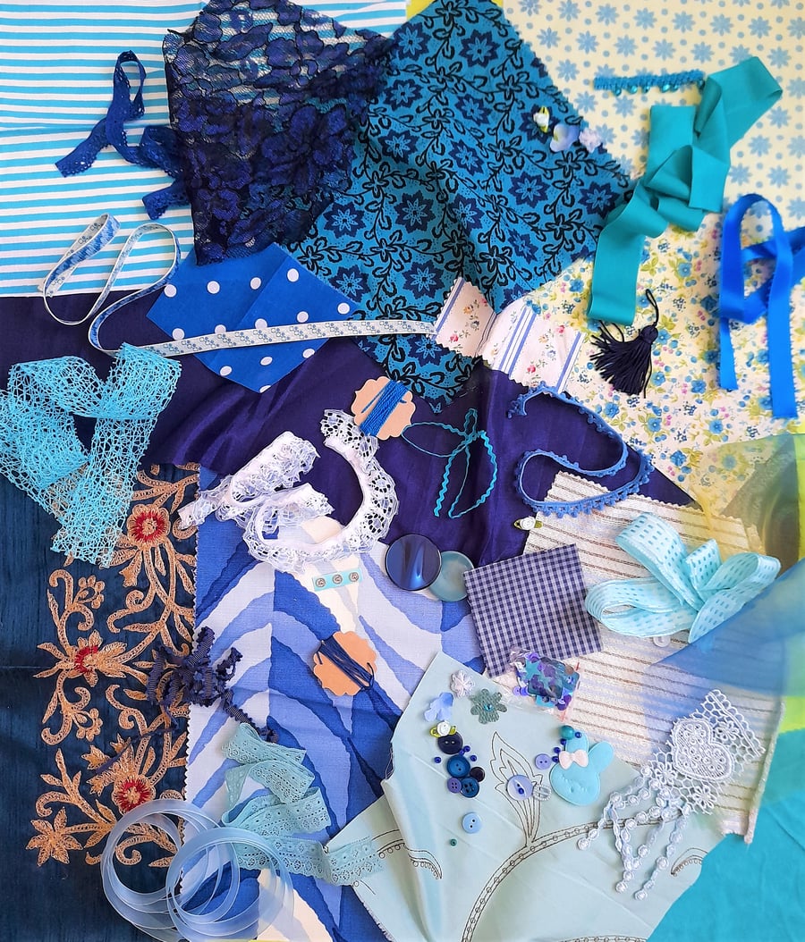 Slow stitching kit - blue theme. Fabric remnants, fabric bundle, ribbon offcuts