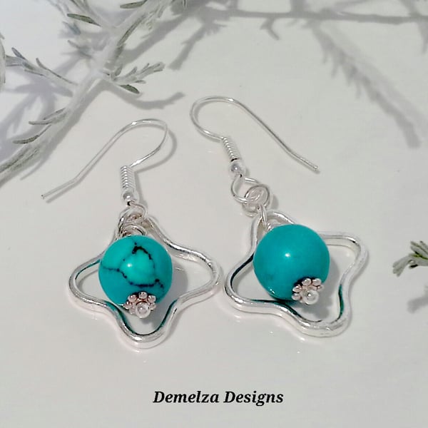 Turquoise Articulated Silver Plated Earrrings