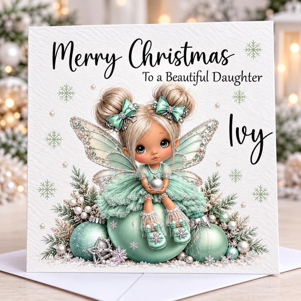 Personalised Fairy Christmas Card-Add Name & Relation-Cute Mint Green Xmas Card