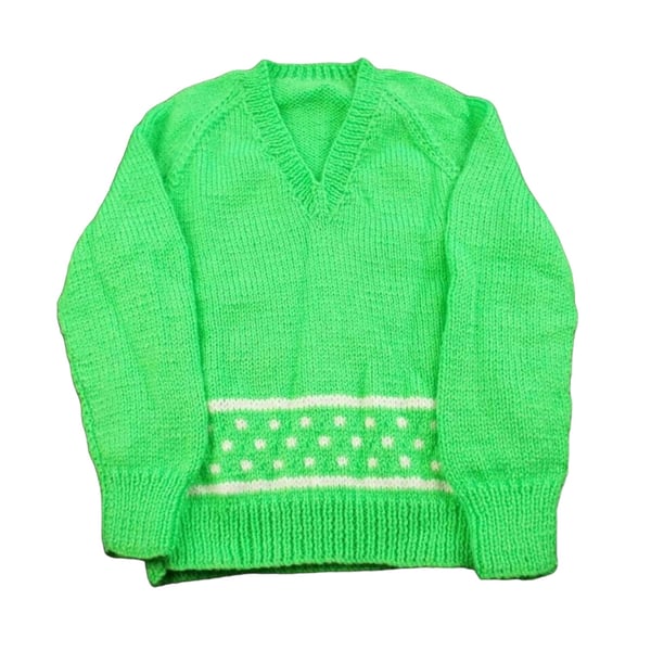 Hand knitted boys girls v neck jumper bright green white pattern  