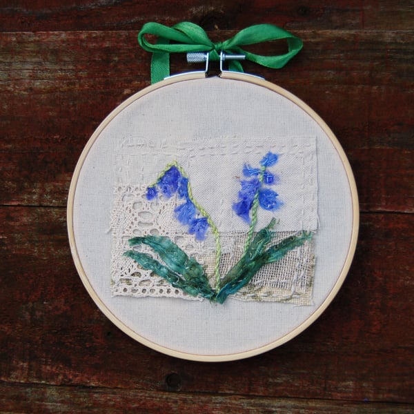 Bluebells Textile art picture in a hoop