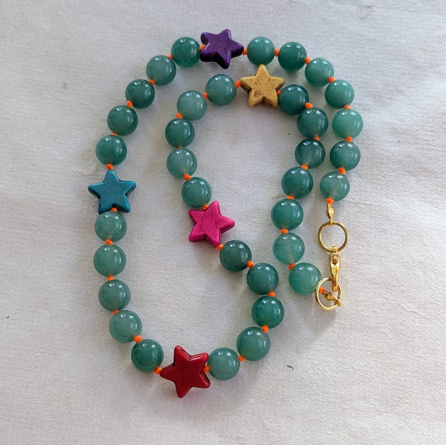 Green aventurine and multicoloured howlite star knotted cord necklace 