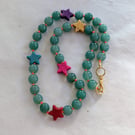 Green aventurine and multicoloured howlite star knotted cord necklace 