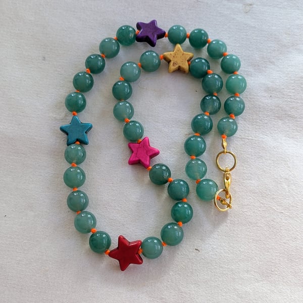 Green aventurine and multicoloured howlite star knotted cord necklace 