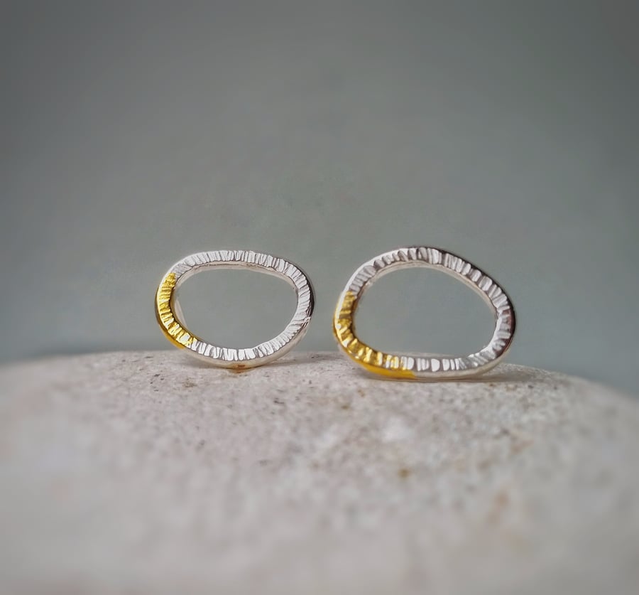 Nature inspired 'LICHEN' silver textured small stud earrings with gold detail