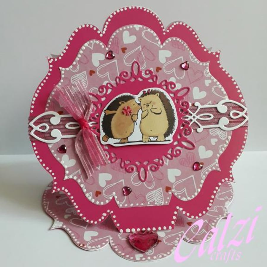 Fancy Shaped Easel Style Hedgehog Couple Valentine Card