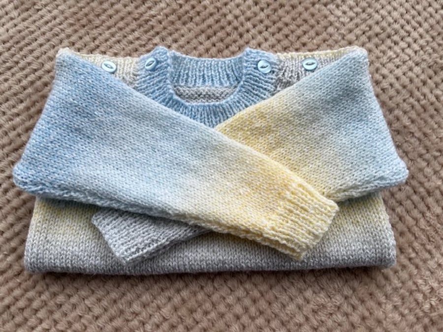 Hand knitted Sweater and Hat Set in Blue, Lemon and Grey, fits age 18-24 months