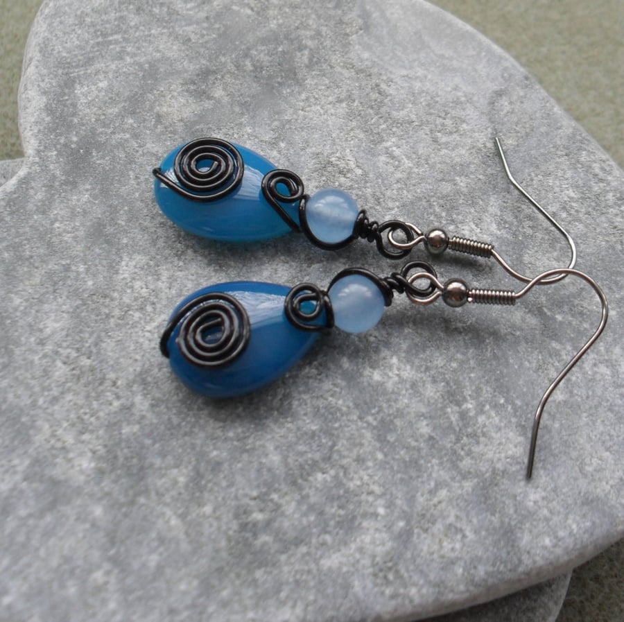  Wire Wrapped Blue Agate Earrings Black Tone