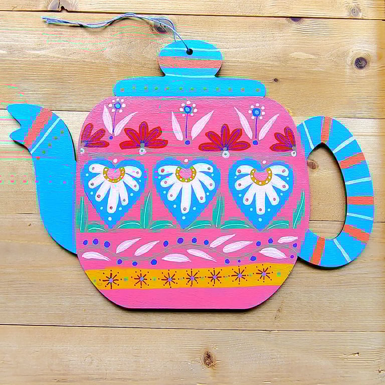 Hand painted wooden hanging teapot decoration with hearts and flower wall art