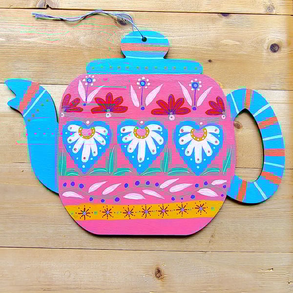 Hand painted wooden hanging teapot decoration with hearts and flower wall art