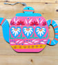 Hand painted wooden hanging teapot decoration with hearts and flower wall art