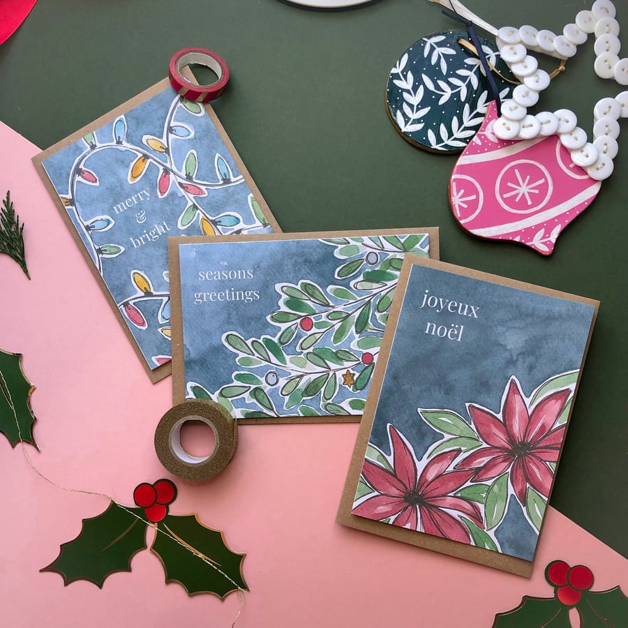 Blue Christmas Card A6 Multipack Seasons Greetings, Joyeux Noel, Merry & Bright 