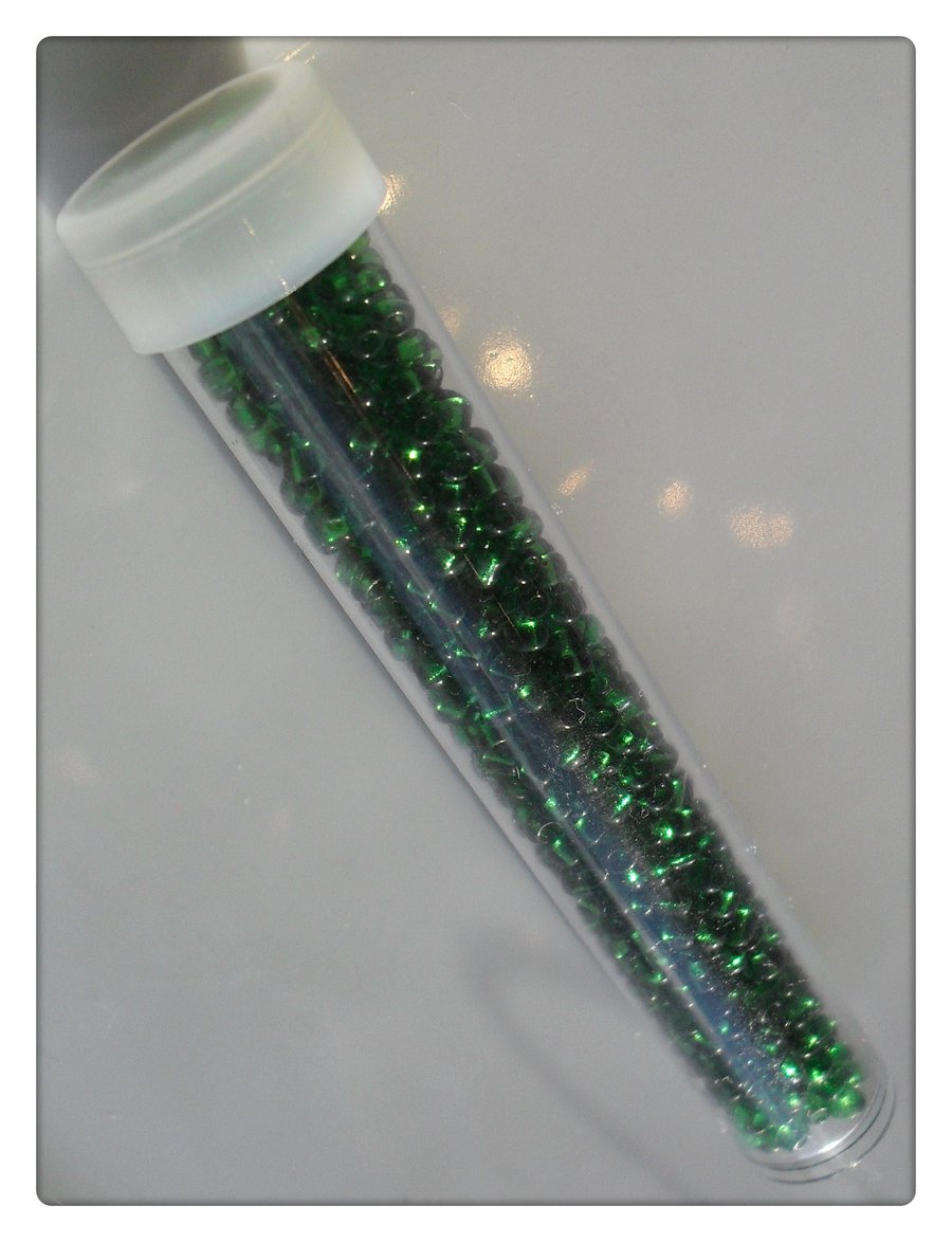 1 x Filled Storage Tube - 7.5cm - 2mm Glass Seed Beads - Green 