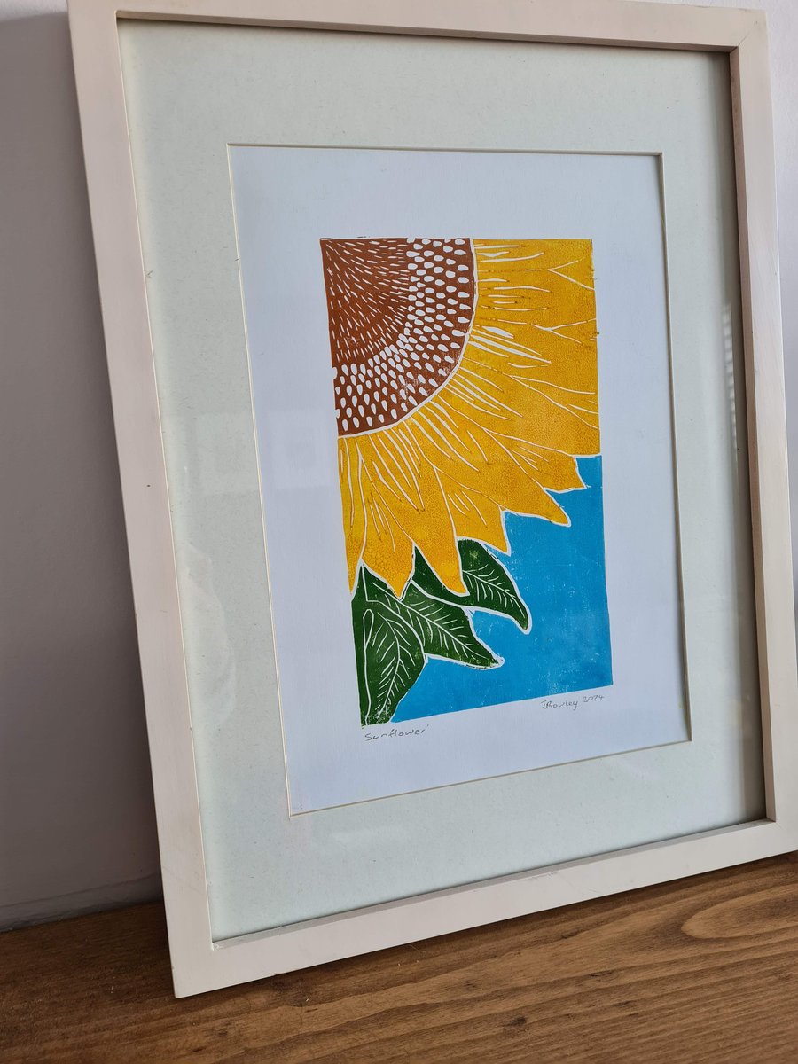 Sunflower original art lino print handprinted A4 size free delivery