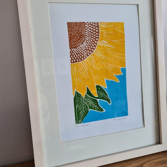 Sunflower original art lino print handprinted A4 size free delivery