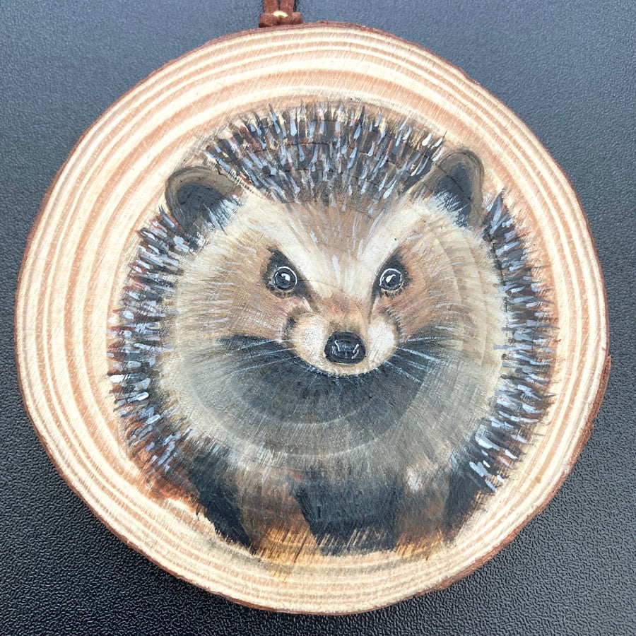 Hedgehog hand-painted wood slice decoration