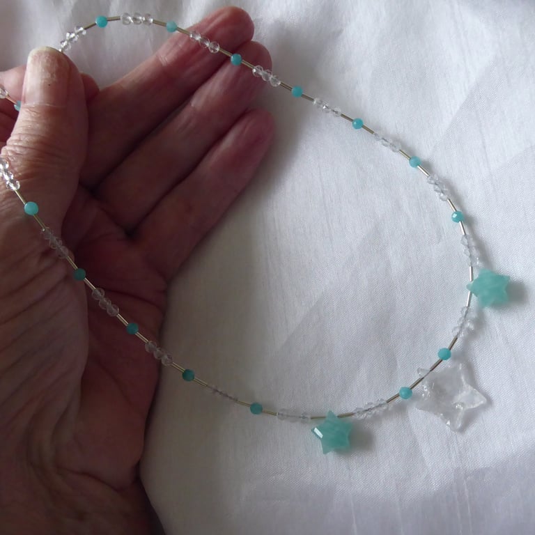 One Off Sterling Silver beaded gemstone Necklace with Amazonite & Quartz Stars 