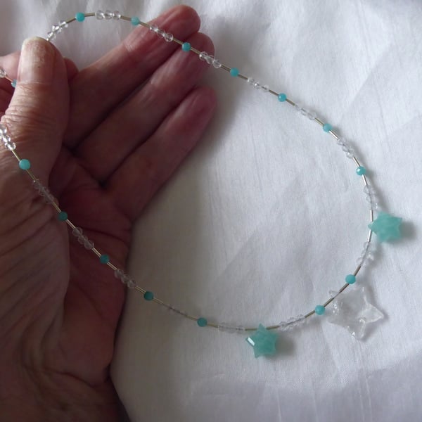 One Off Sterling Silver beaded gemstone Necklace with Amazonite & Quartz Stars 