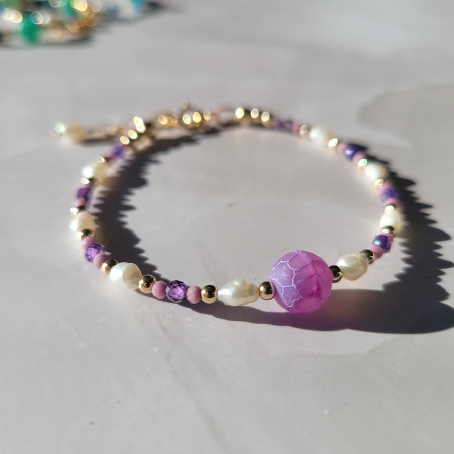 Purple Gemstone and Pearl 14kt Gold Filled Bracelet with Frosted Cracked Agate