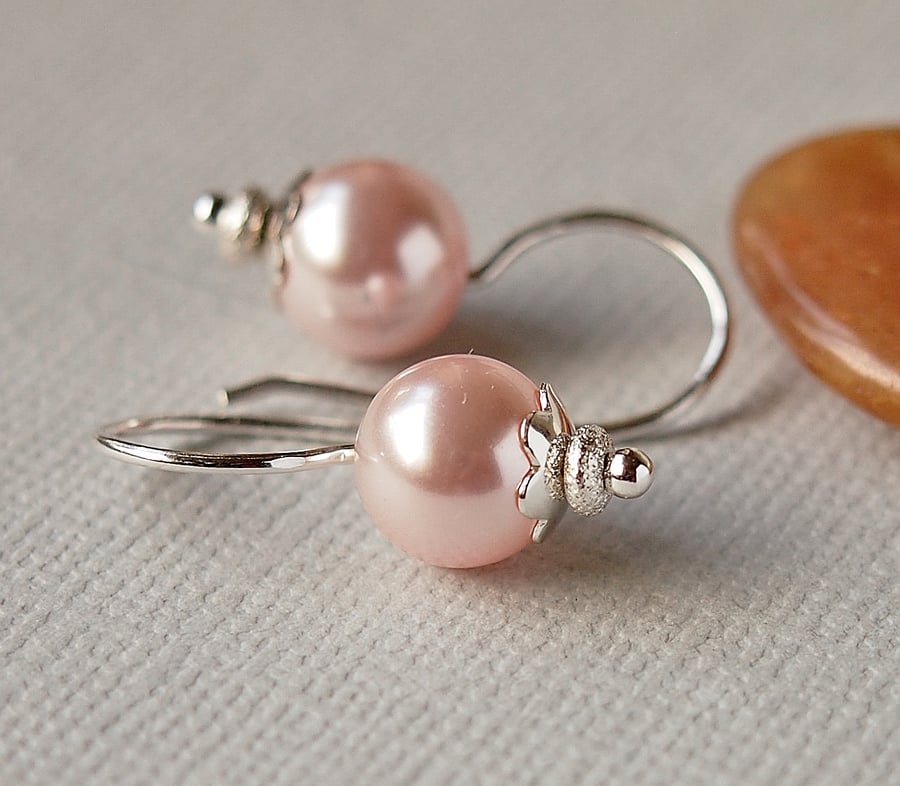 Pale Pink Pearl Earrings - Sterling Silver - Swarovski