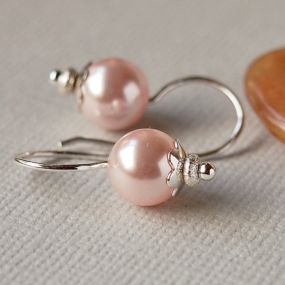 Pale Pink Pearl Earrings - Sterling Silver - Swarovski