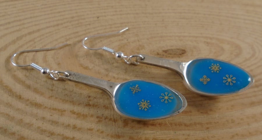 Upcycled Silver Plated Blue Snowflake Sugar Tong Spoon Earrings SPE102001