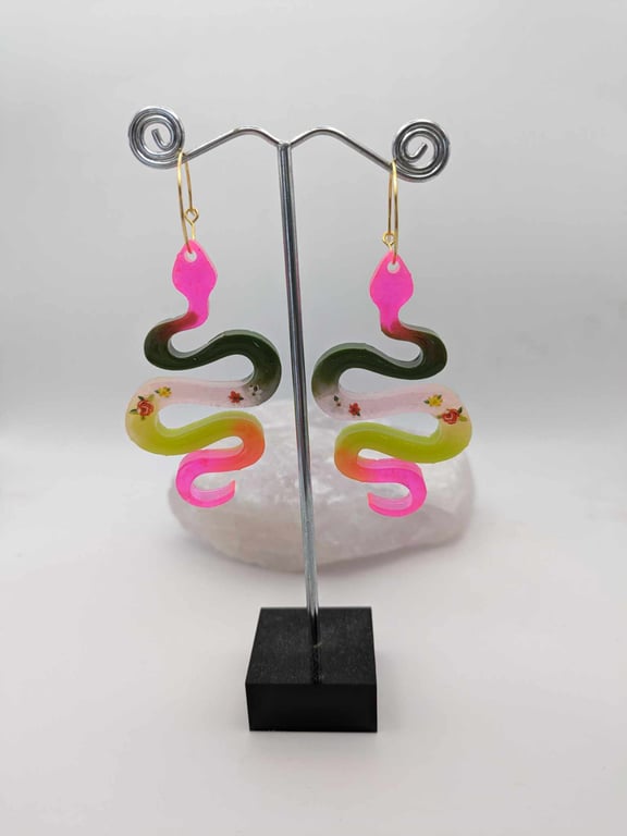 Snake Earrings, Resin Snake Earrings, Statement Earrings, Floral Snake Earrings,