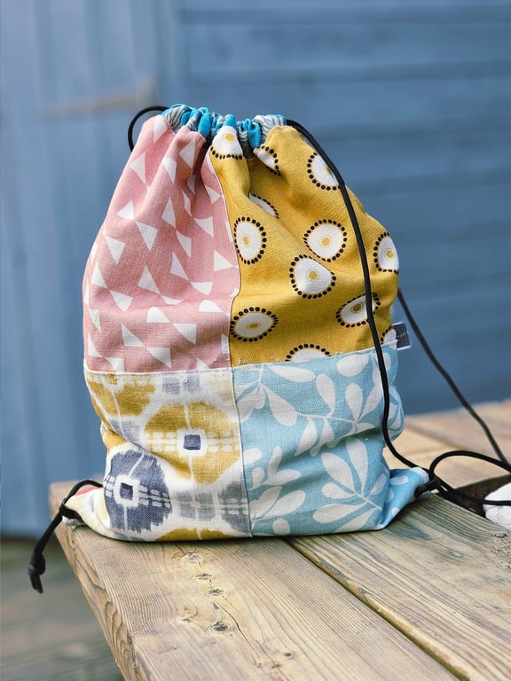 Handmade Upcycled Patchwork Drawstring Backpack – One of a Kind