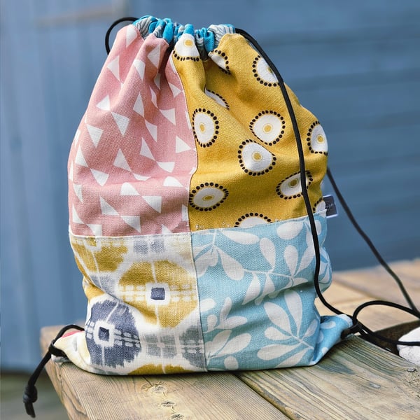 Handmade Upcycled Patchwork Drawstring Backpack – One of a Kind