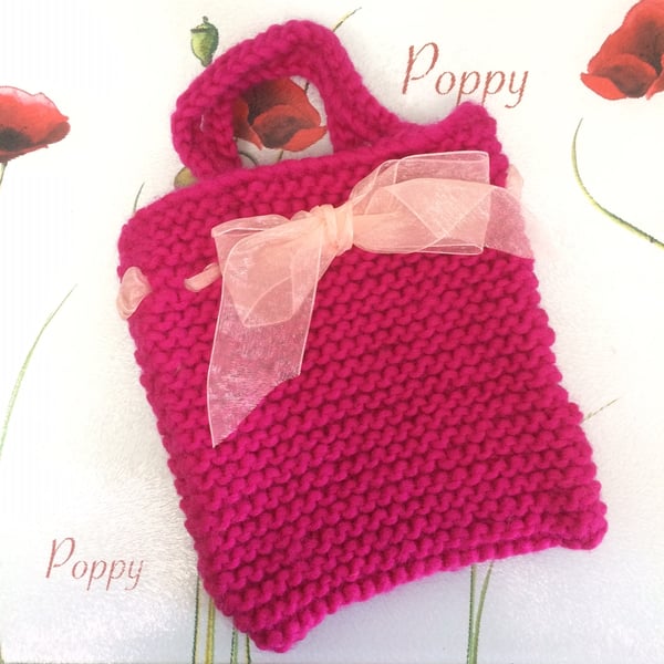 Hot Pink Hand Knitted Girl's Handbag with Organza Bow by Poppy Kay Designs