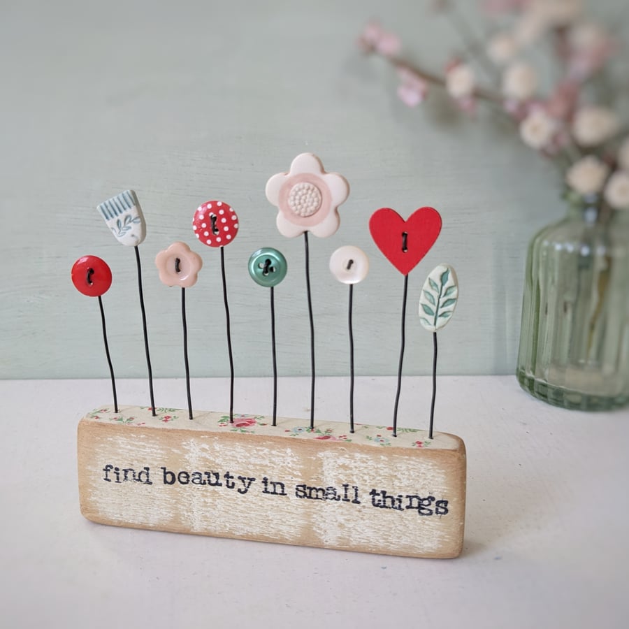Clay and Button Flower Garden in a Wood Block 'find beauty in small things'