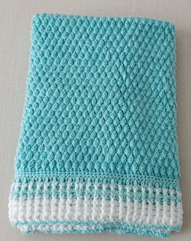 Hand-Crocheted Diamond Texture Baby Blanket - Soft Mint & White Nursery Throw