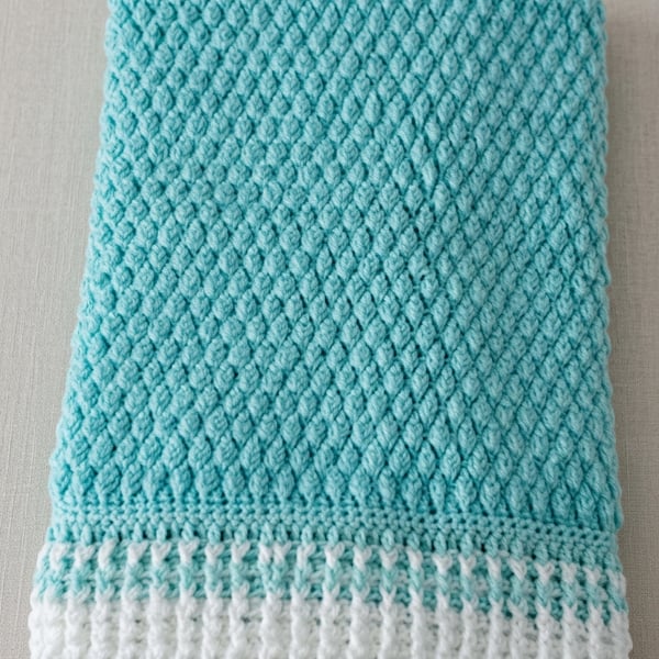 Hand-Crocheted Diamond Texture Baby Blanket - Soft Mint & White Nursery Throw