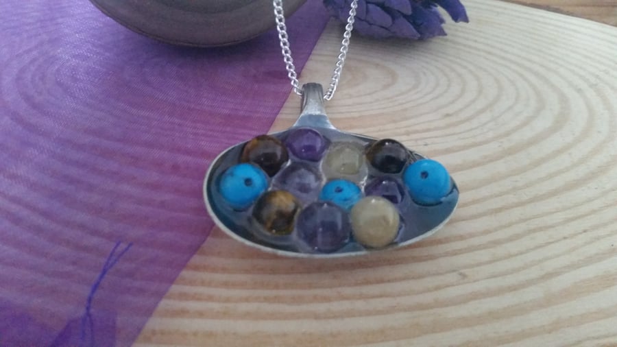 Upcycled Silver Plated Gem Bead Spoon Necklace