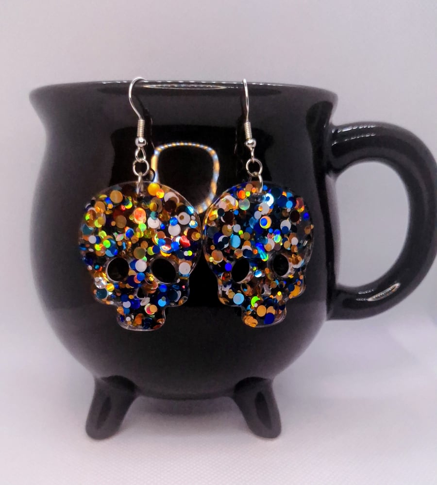 Halloween Sequin Sparkly Skull Resin Earrings