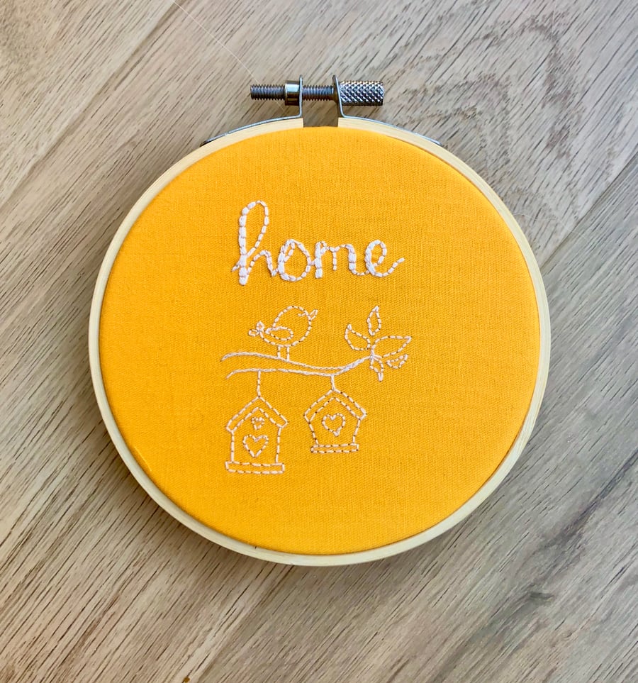 Handmade 'Home' Bird & House, 4" Embroidery Hoop Art Wall Hanging Yellow & White
