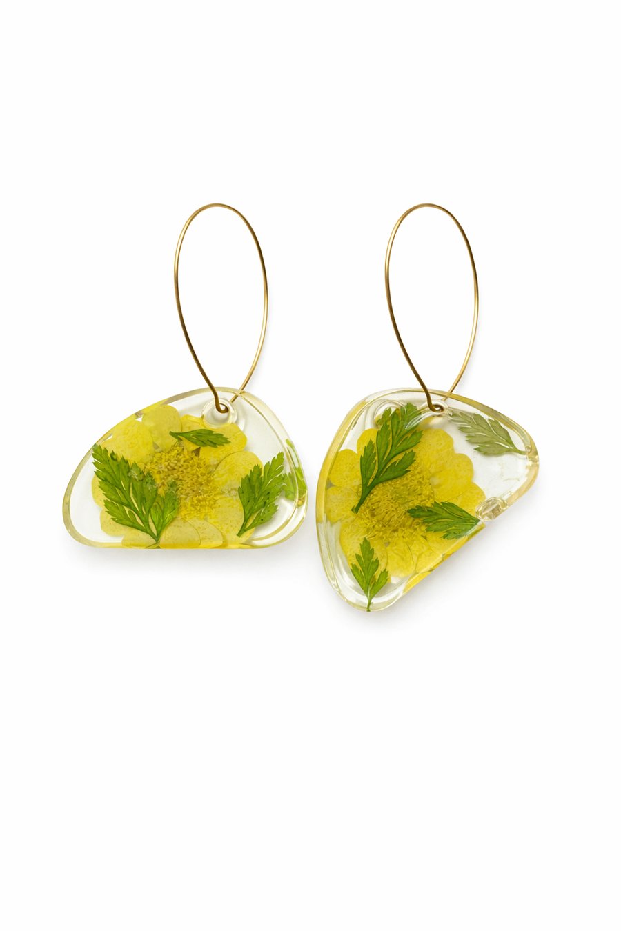 Yellow Flower Resin Earrings with Green Leaves – Asymmetrical Botanical Jeweller