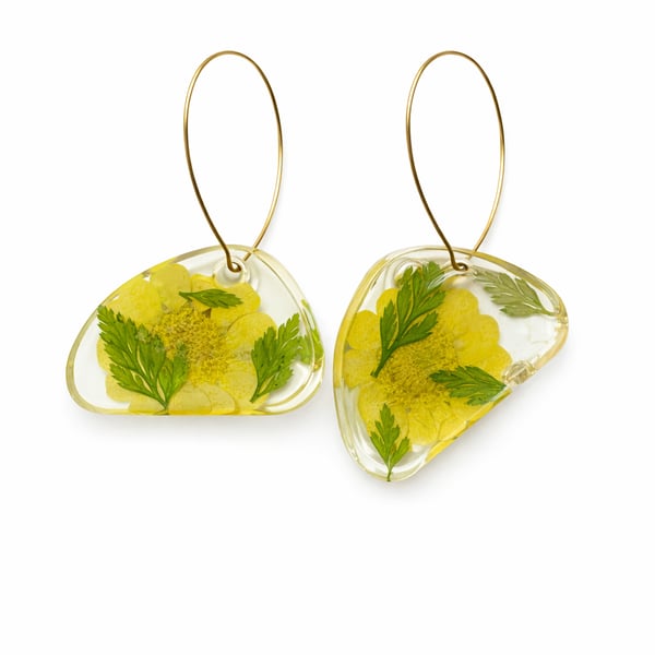 Yellow Flower Resin Earrings with Green Leaves – Asymmetrical Botanical Jeweller