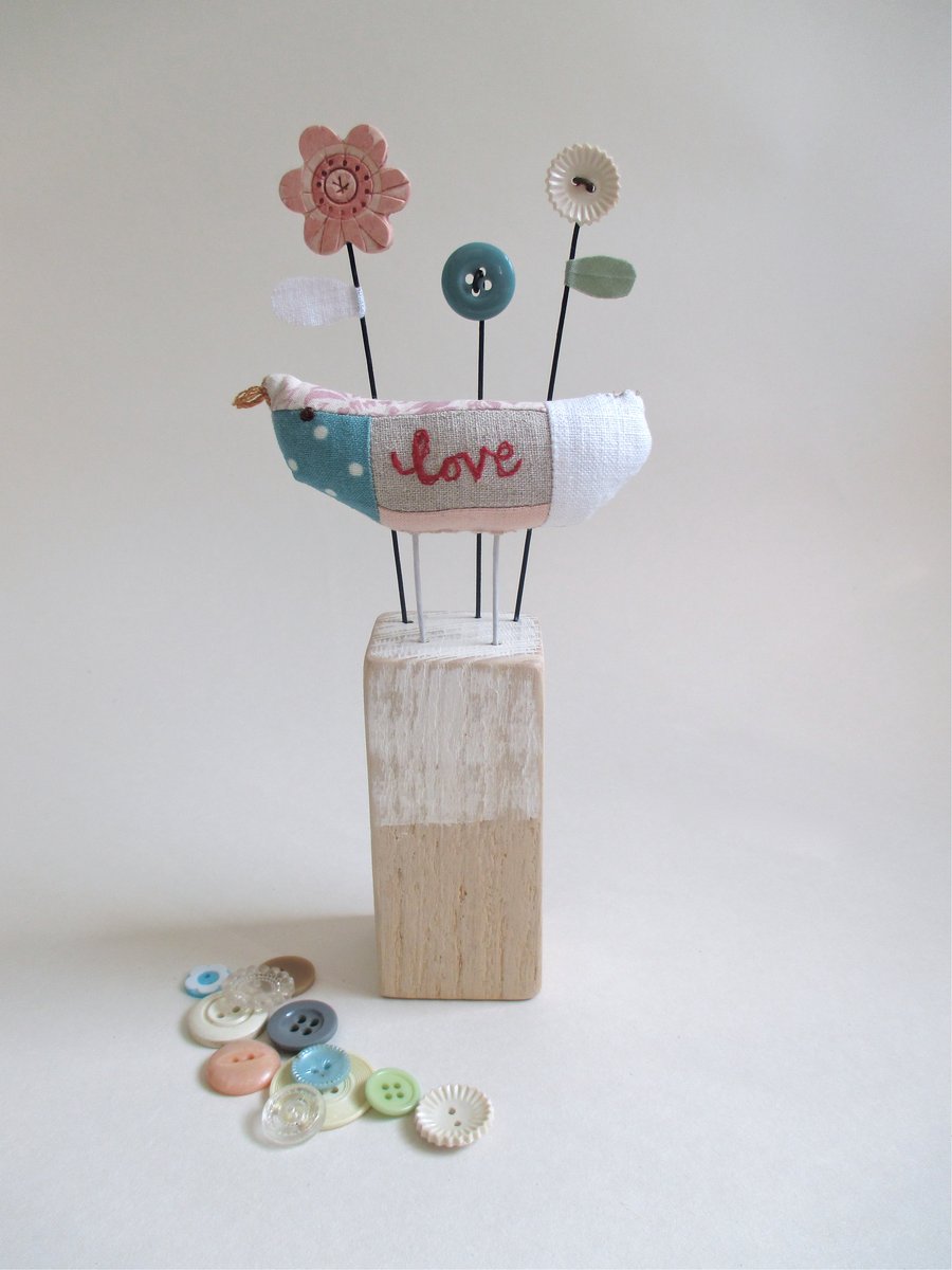 SALE - Fabric Patchwork Love Bird with Button Flowers