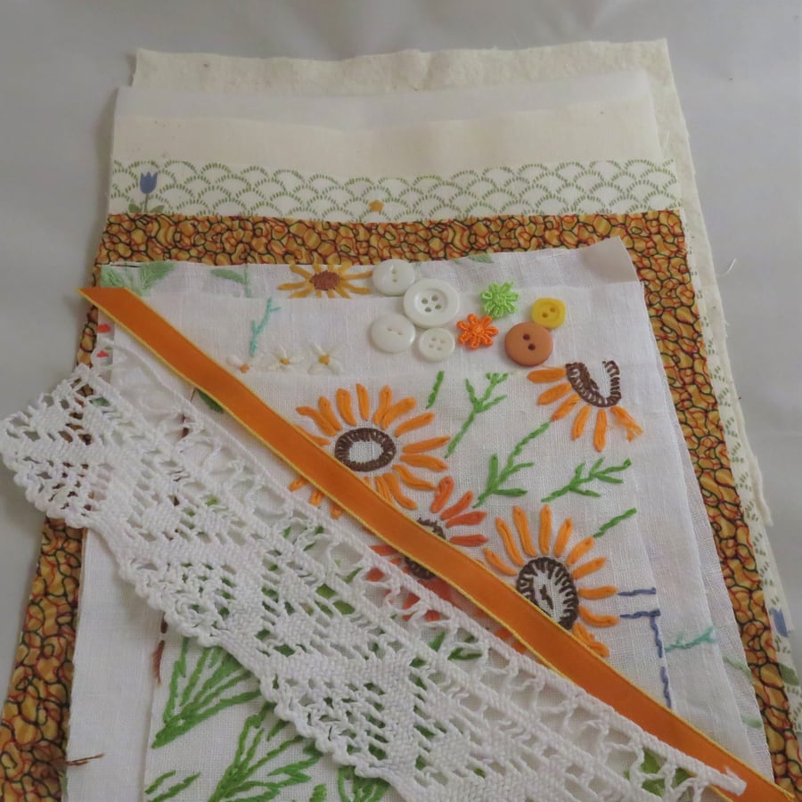 Inspiration pack including embroidered vintage linens - green and orange