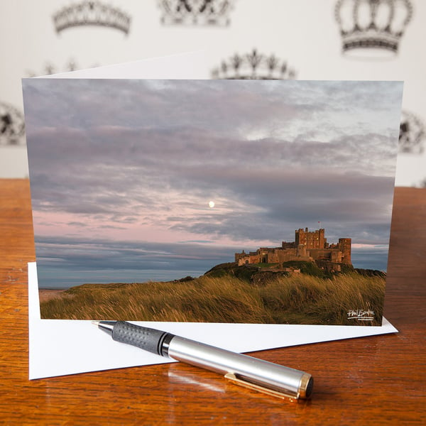Moon Over Bamburgh Castle, Greetings Card - Blank Inside - Birthday Card - Anniv