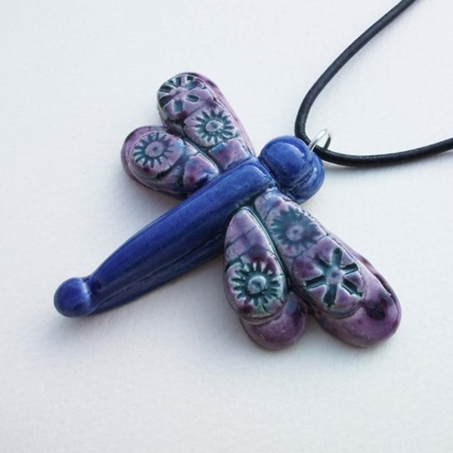 Blue and Purple ceramic dragonfly pendant