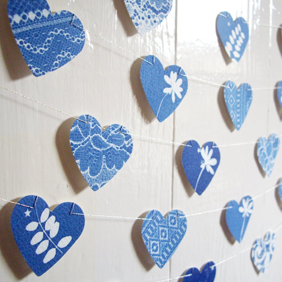 Cyanotype Blue Hedgerow and Lace Heart Bunting 