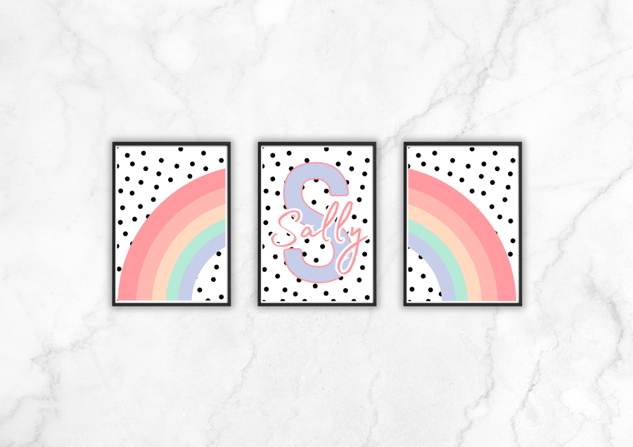 Girls Boys Set of 3 Personalised Nursery Print, Rainbows