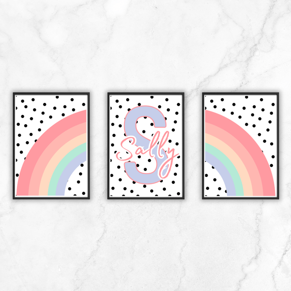 Girls Boys Set of 3 Personalised Nursery Print, Rainbows