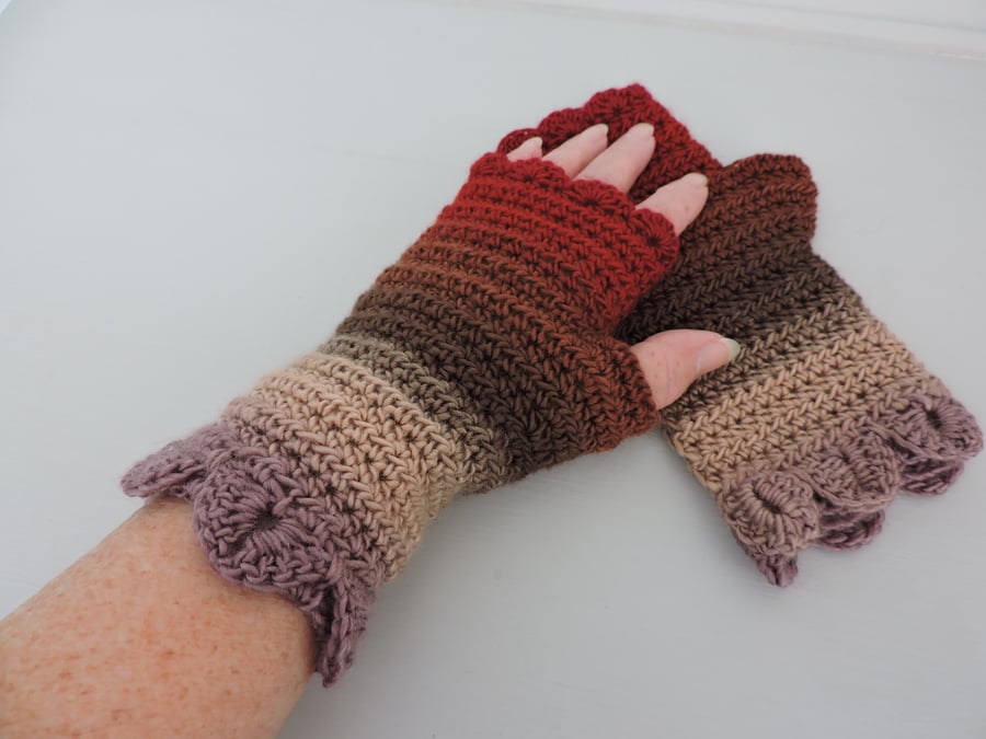 Fingerless Mittens  Red Copper Brown Cream Mushroom Dragon Scale Cuffs