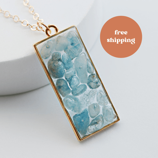 Aquamarine Rose Gold plated Rectangle Worry Stone Necklace - Free Postage