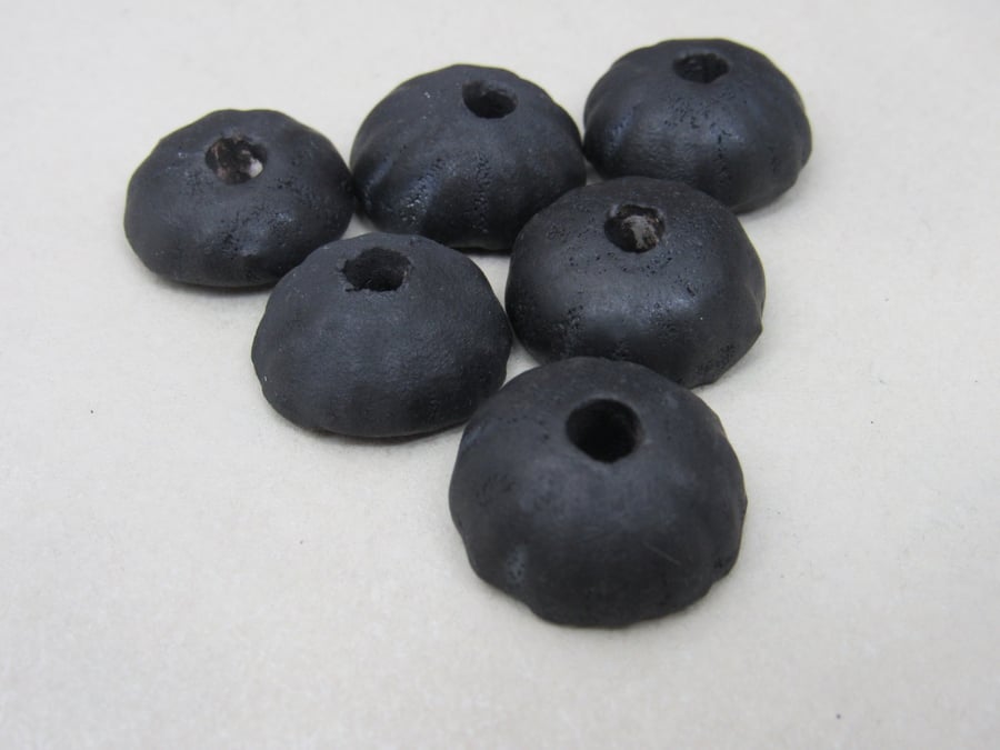 6 Small Dark Earth Half-round Ceramic Flower Beads