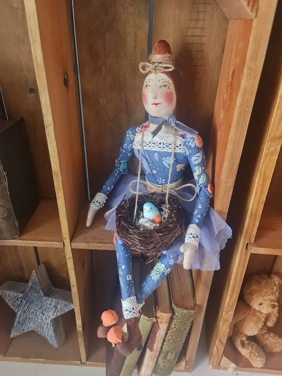 Handmade collectable button jointed doll with birds nest